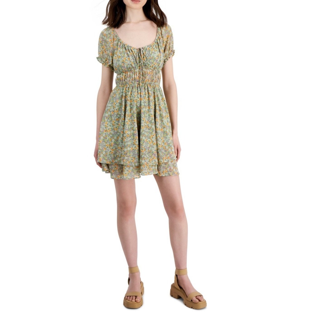 SELFIE Floral Smocked Mini Dress Womens Large‎ Green Flowy Cottagecore Fairy